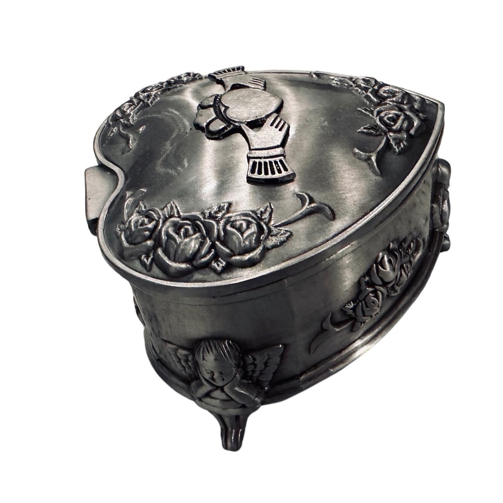 Mullingar Pewter Claddagh Heart Trinket Box Ireland Rose Cherub Footed Velvet